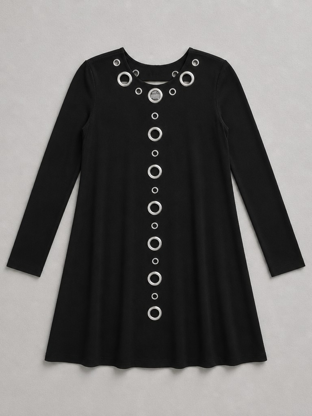 Joseph Ribkoff Black Long-Sleeve Dress with Silver Eyelet Trim